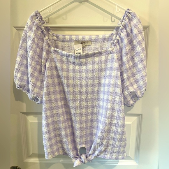 LOFT Tops - LOFT Women’s Purple and White Checkered Puff Sleeve Smocked Blouse Size Large